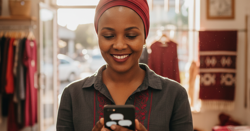 South African small business owner smiling while replying to a customer on WhatsApp